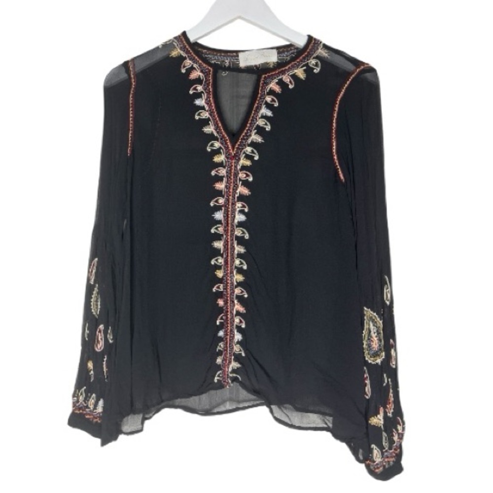 LOVE SAM ANTHROPOLOGIE Semi Sheer Paisley Boho V Cut Peasant Blouse Black Small - Picture 2 of 13